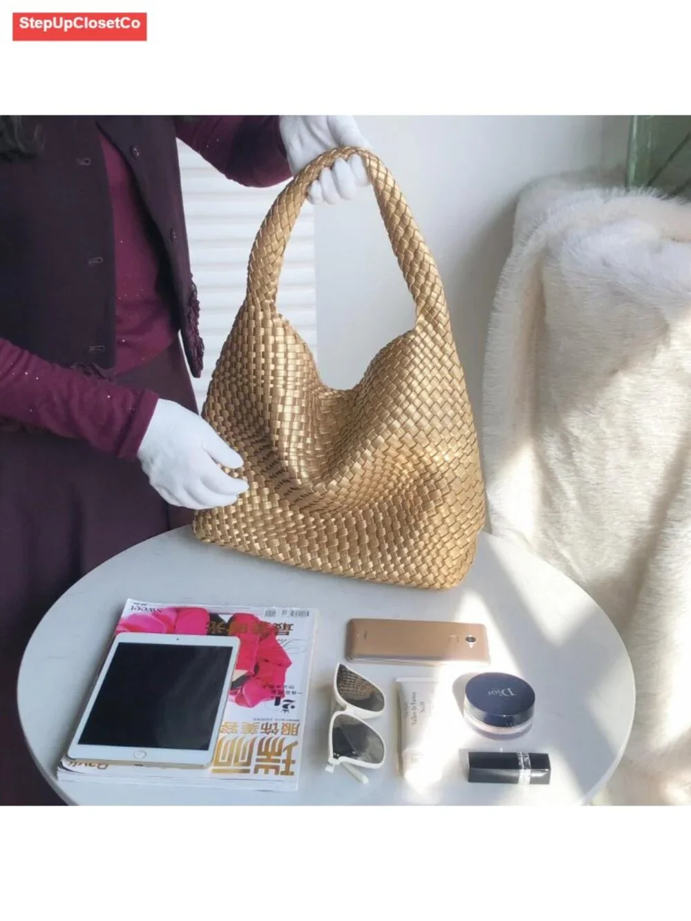 Woven Tote Vegan Leather Handbag Women Shoulder Top-Handle Purse